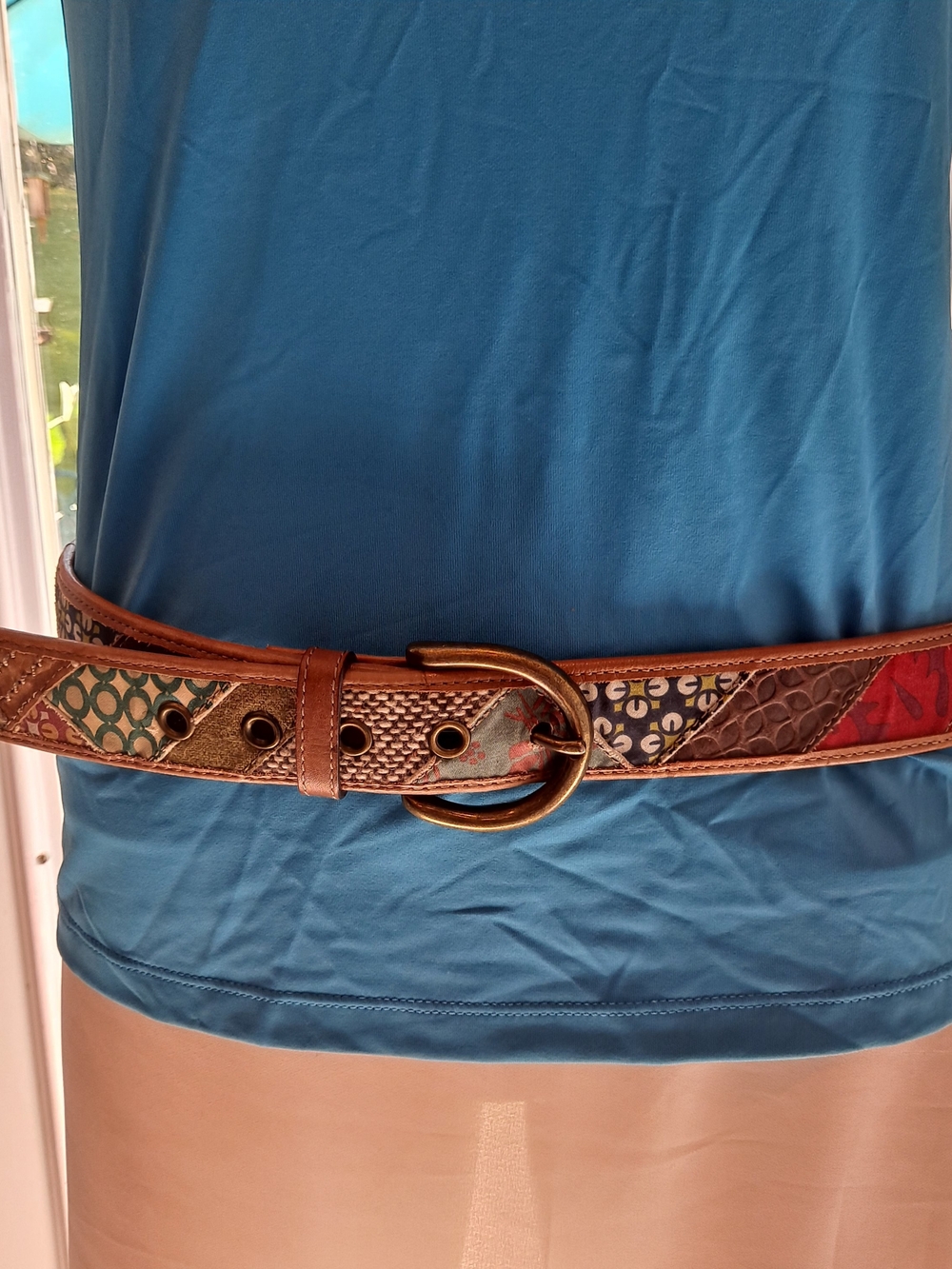 Fossil Y2k Vintage Multicolor Patchwork Leather Belt Antiqued Brass Buckle Boho